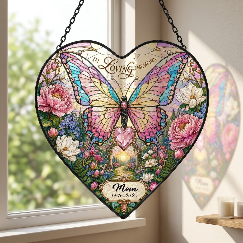 Personalized Butterfly Floral Garden Memorial In Loving Memory Heart Stained Glass Suncatcher