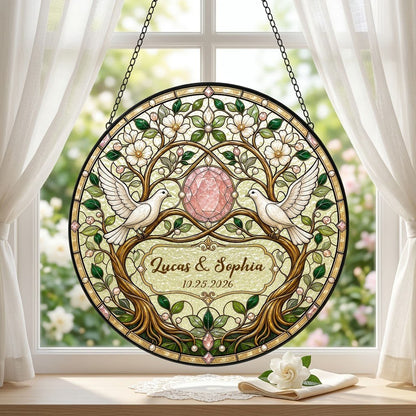 Personalized Wedding Doves & Pink Crystal Gem Floral Tree of Life Stained Glass Round Suncatcher