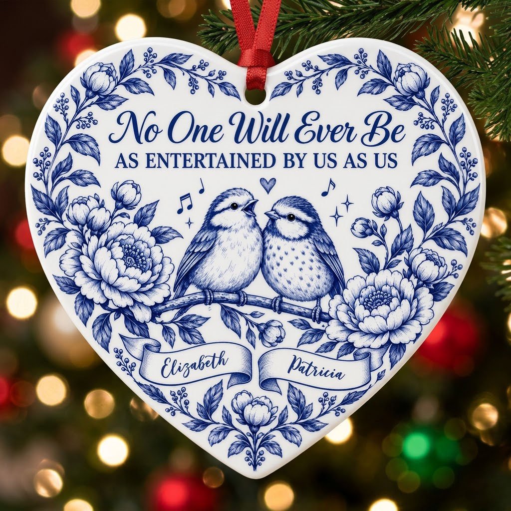 Heart ceramic ornament with two birds, blue floral frame, music notes above, and two name banners in cobalt.