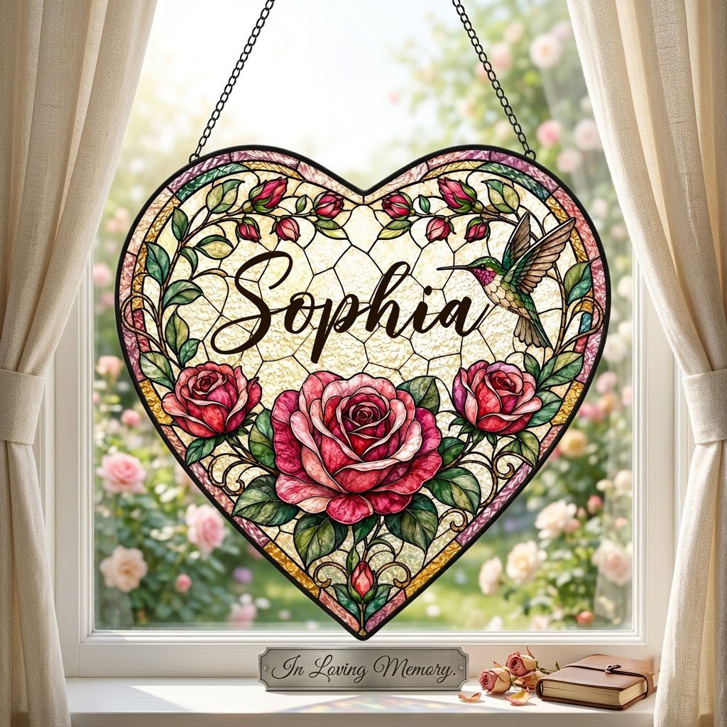 Heart stained-glass suncatcher with pink and red roses, a right-side hummingbird, and a multi-colored border.