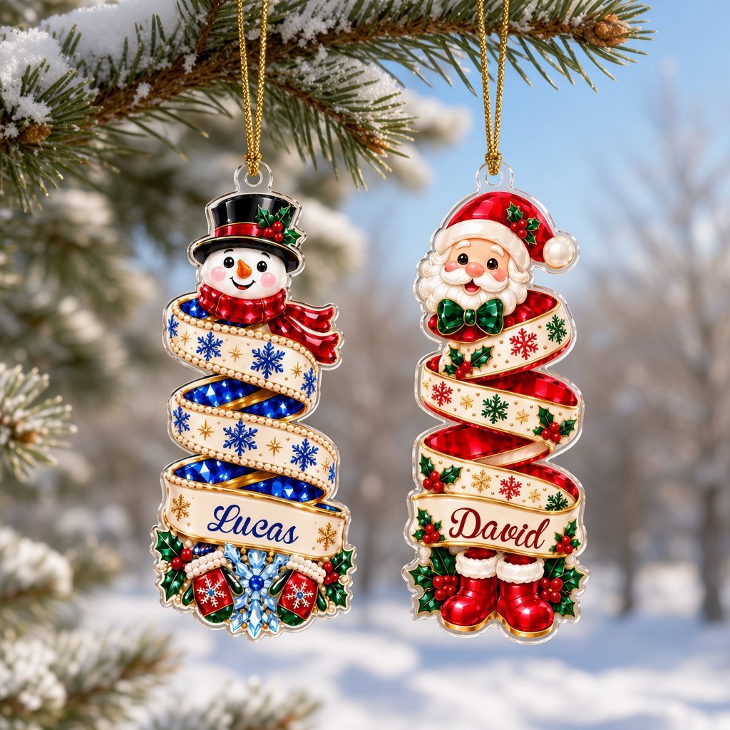 Custom-cut acrylic ornament showing a reindeer or Santa head wrapped in a name banner with holly and candies.