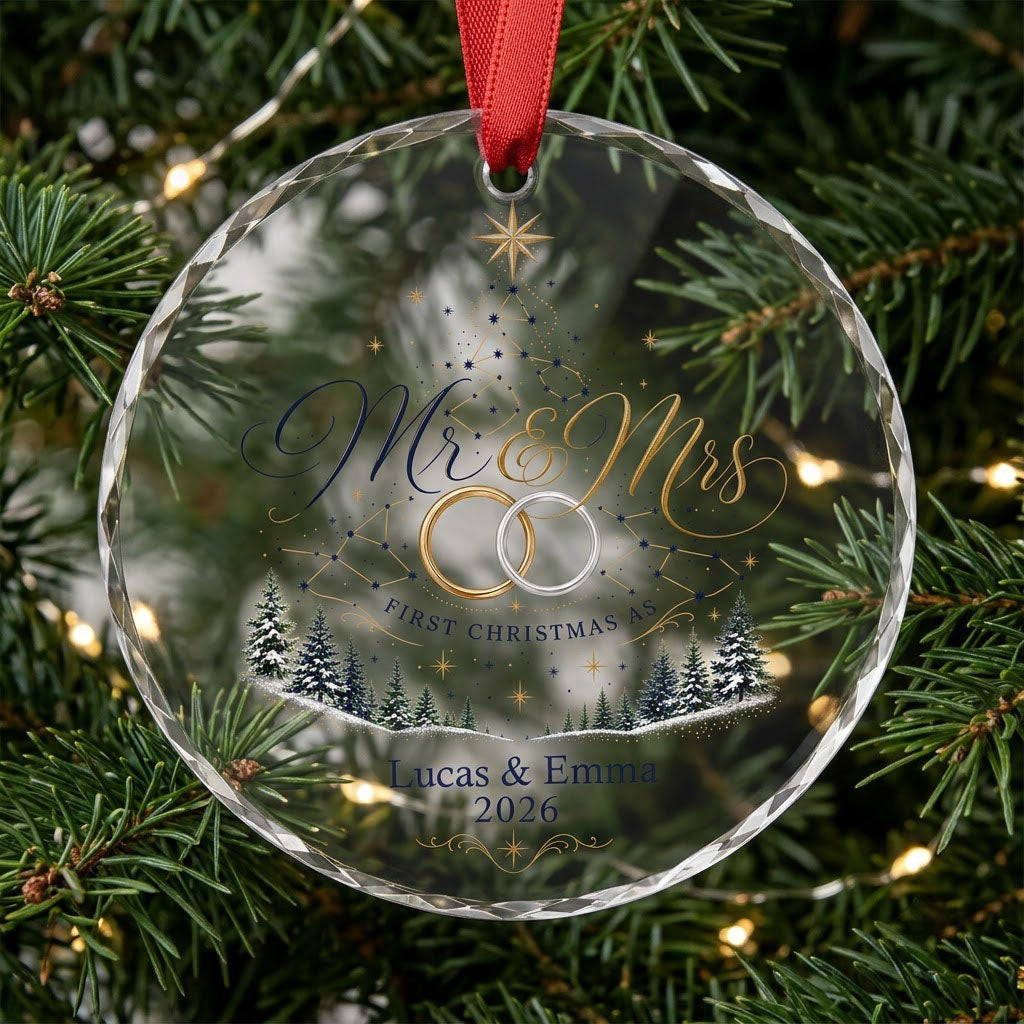Personalized First Christmas as Mr & Mrs Constellation Tree Round Glass Ornament