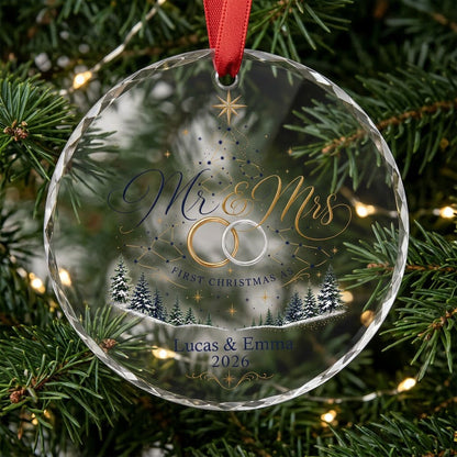Personalized First Christmas as Mr & Mrs Constellation Tree Round Glass Ornament