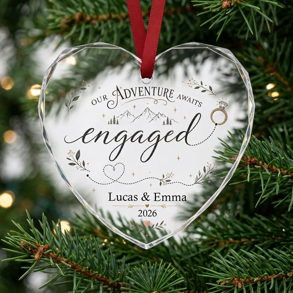 Personalized Our Adventure Awaits Engaged Mountain Heart Glass Ornament