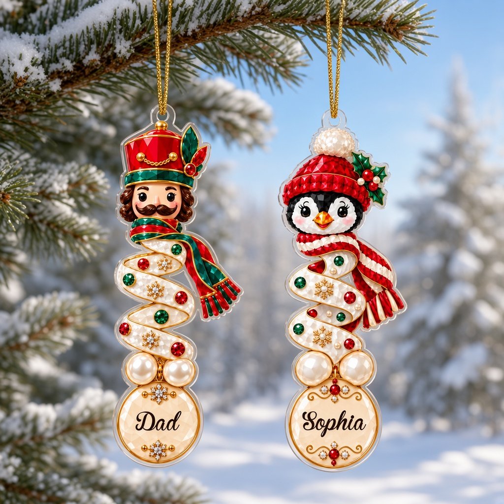 Clear acrylic ornament with a teddy bear or penguin in gem-detailed spiral style, personalized with names.