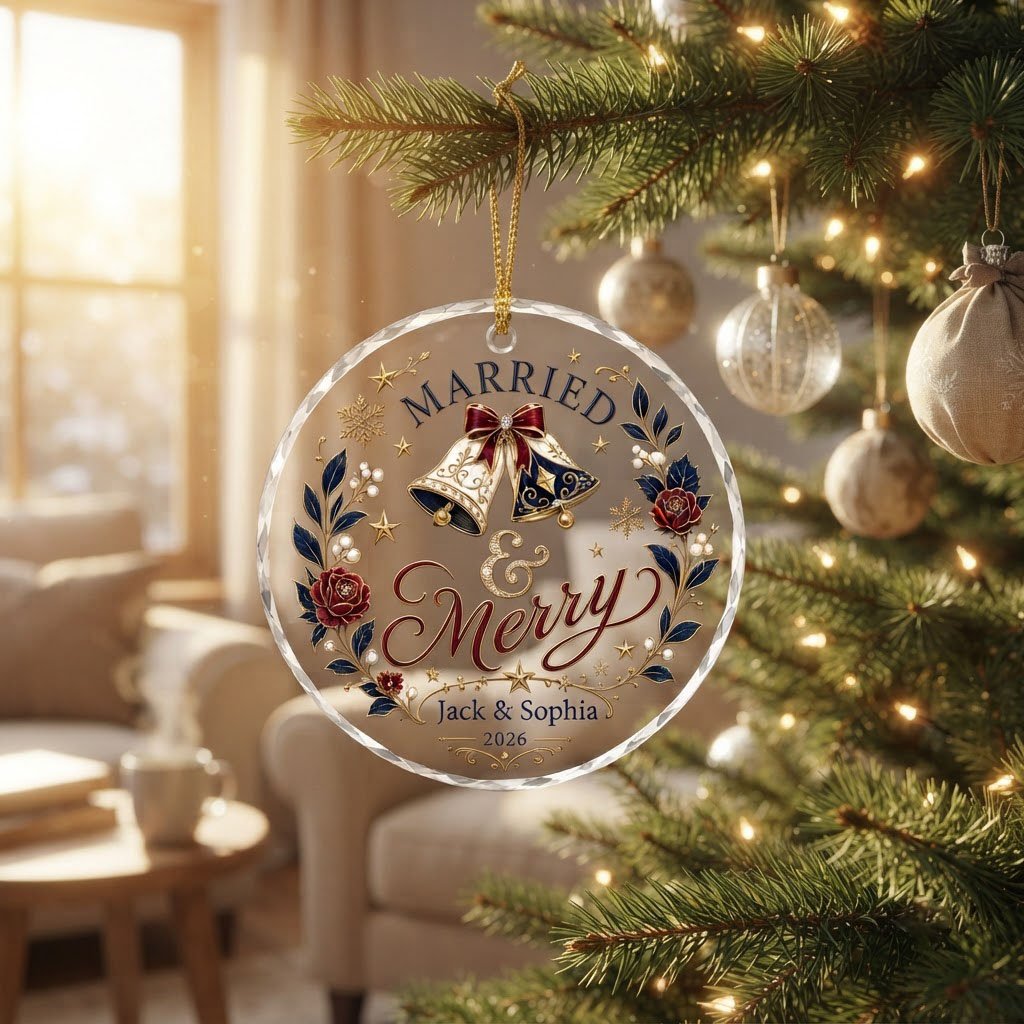 Round faceted glass ornament with two wedding bells, navy floral wreath, gold stars, and 'MARRIED' with names and year.