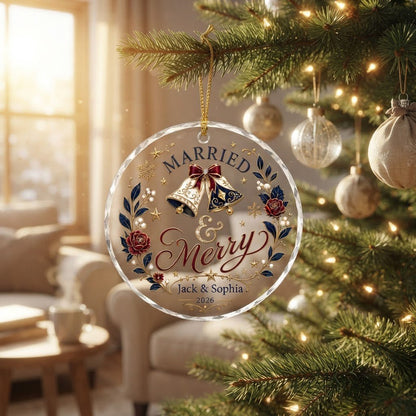 Round faceted glass ornament with two wedding bells, navy floral wreath, gold stars, and 'MARRIED' with names and year.