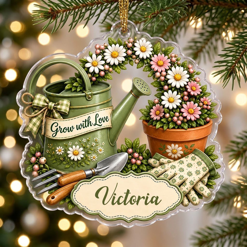 Green watering can with bow, garden tools, and floral pot with ‘Grow with Love’ and a name on a clear acrylic ornament.