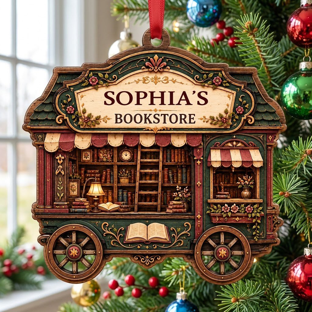 Custom-cut wood ornament shaped like a vintage bookstore wagon with books, ladder, and striped awnings.