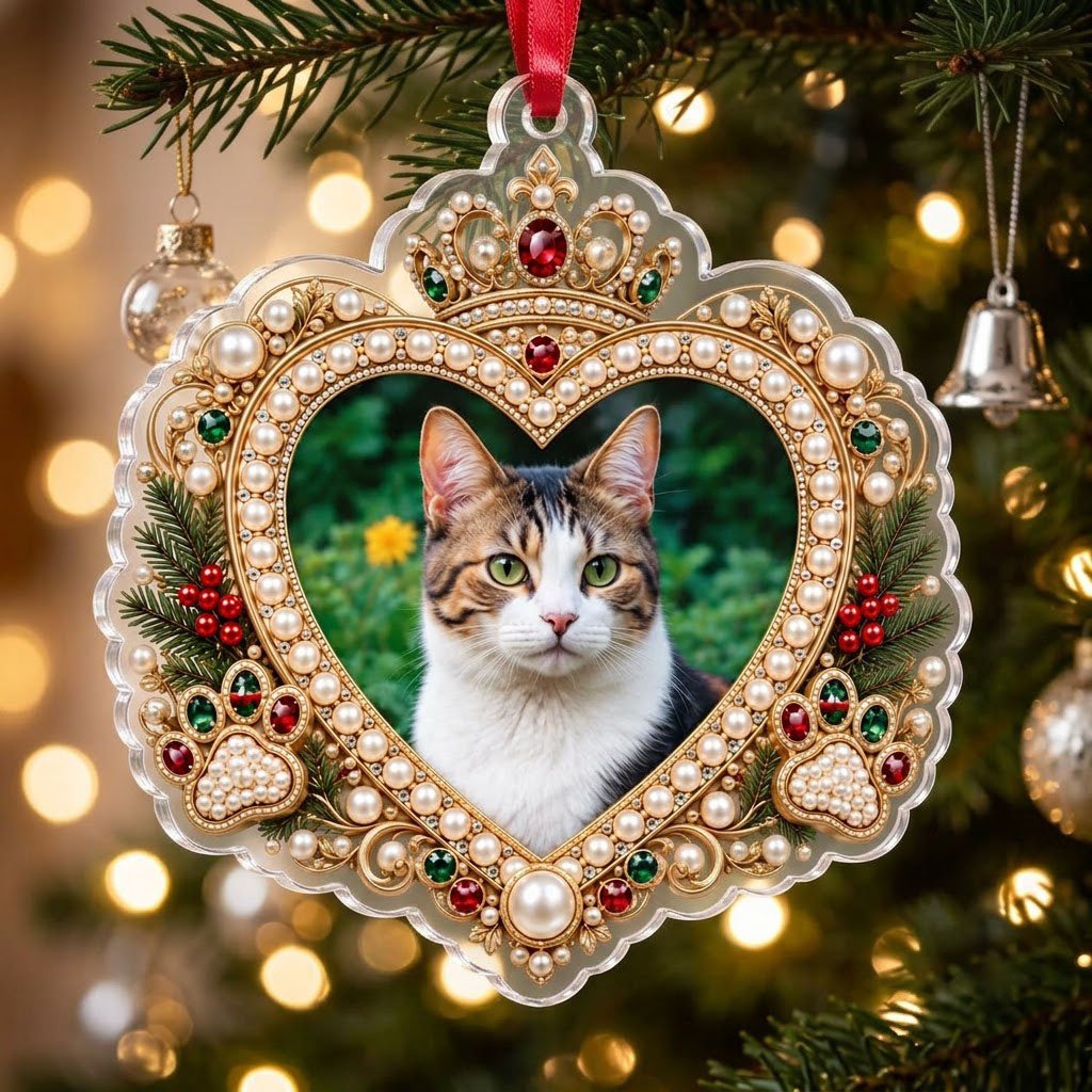 Acrylic ornament with a cat photo framed by gold filigree, jeweled crown, faux pearls, holly and paw prints on an ornate