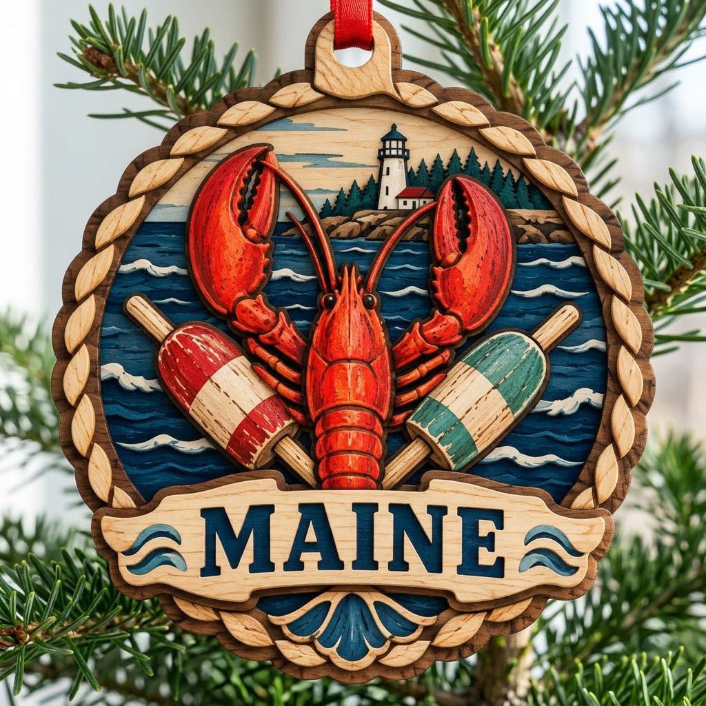 Red lobster with red-white and green-white buoys, ocean waves, rocky shore, pine trees, and a white lighthouse inside a 