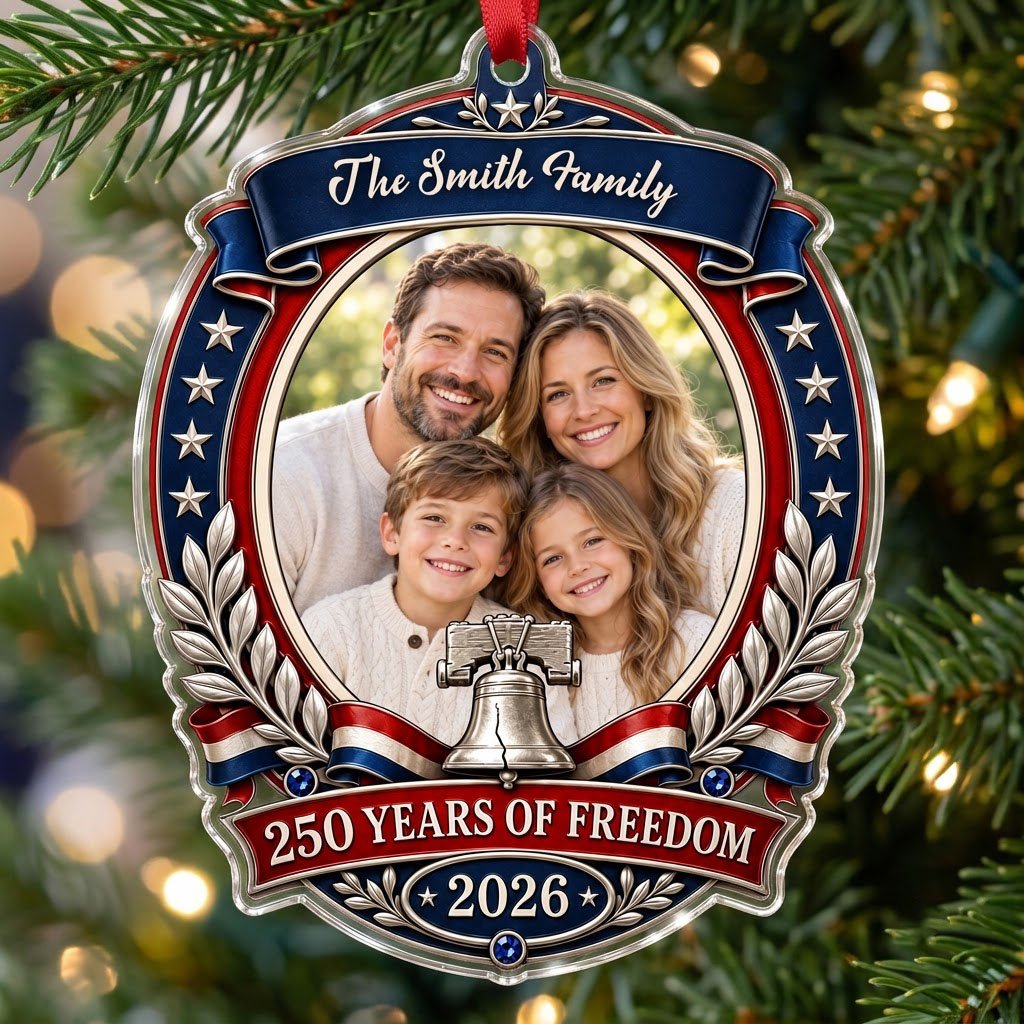 Custom-cut acrylic ornament with patriotic frame, center photo, silver Liberty Bell, laurel branches and blue star bands