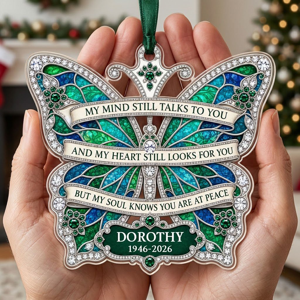 Personalized Emerald Jeweled Butterfly Memorial Acrylic Ornament