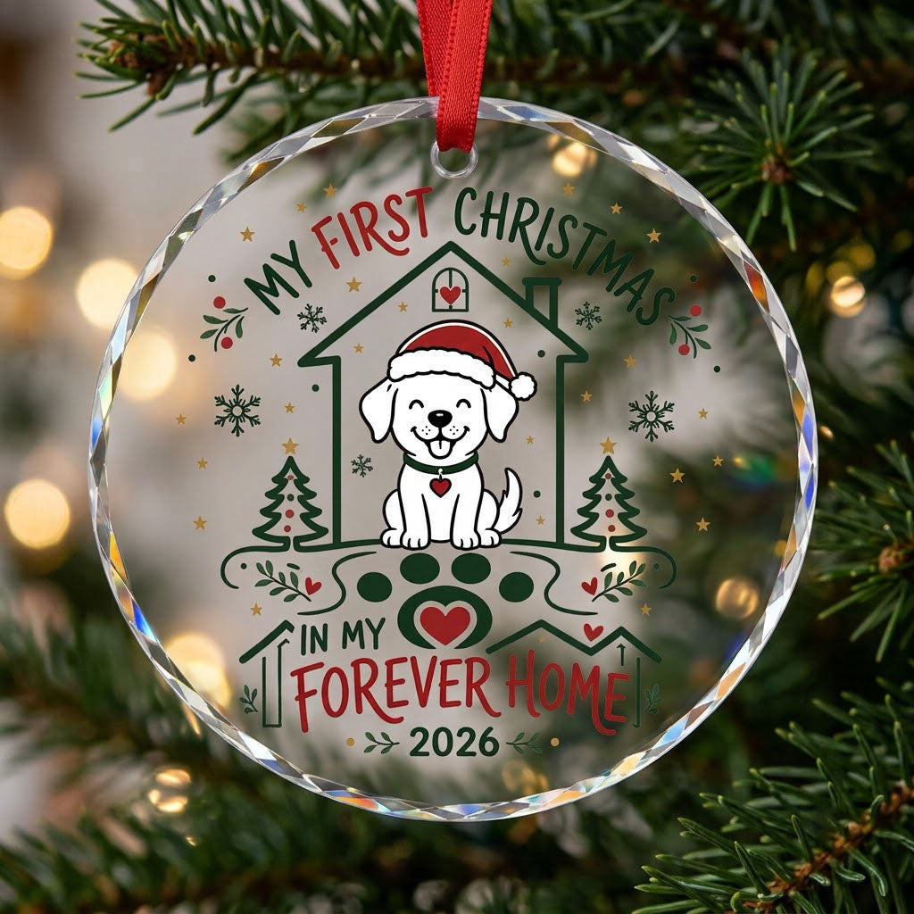 My First Christmas in My Forever Home Sitting Puppy Round Glass Ornament