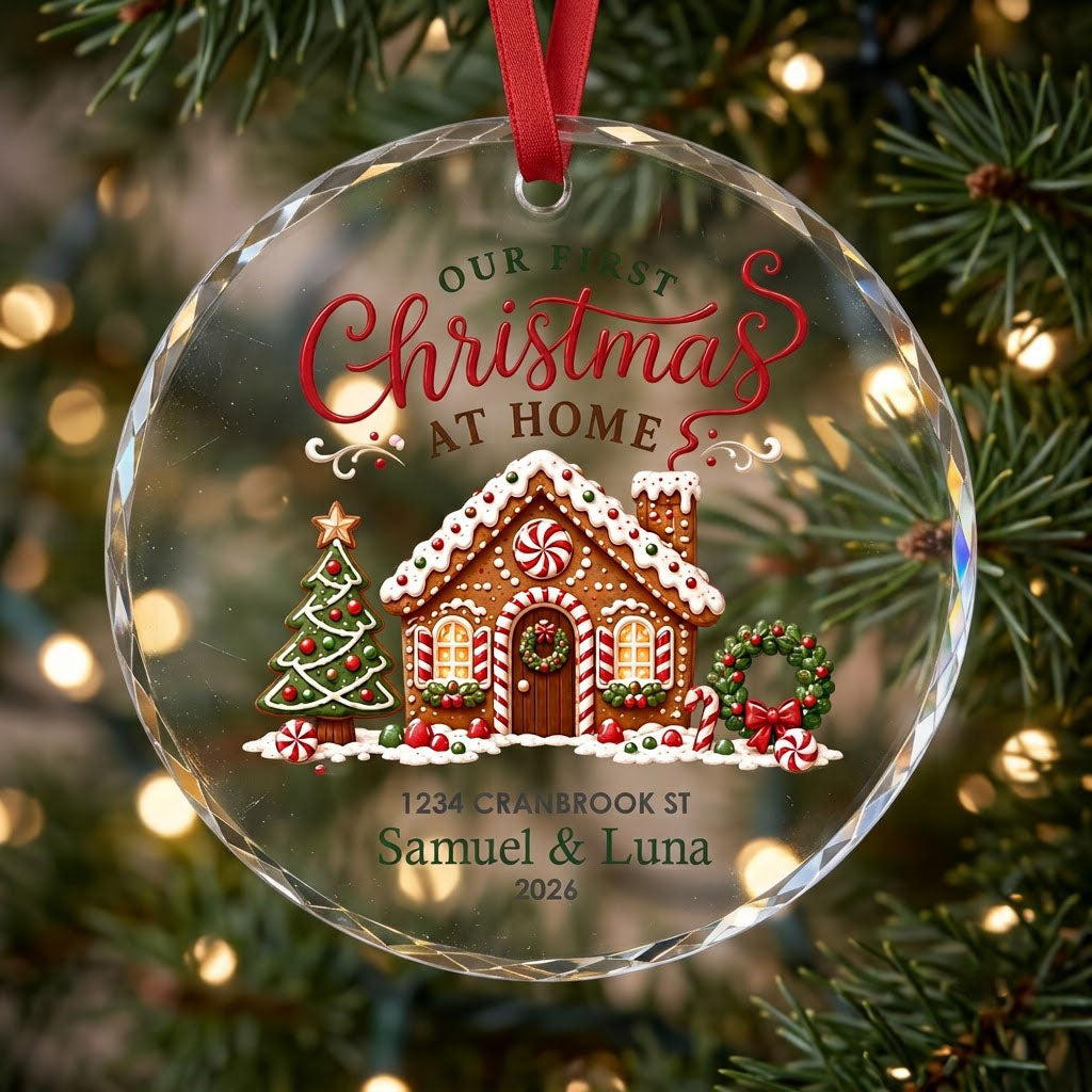 Personalized Our First Christmas at Home Gingerbread Cottage Round Glass Ornament