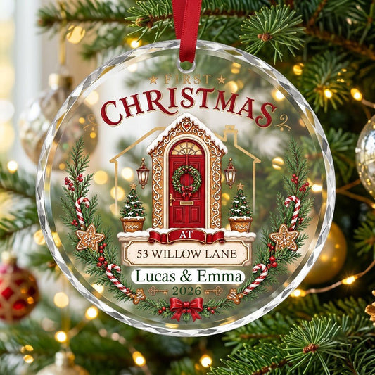 Personalized First Christmas at New Home Gingerbread Door Round Glass Ornament