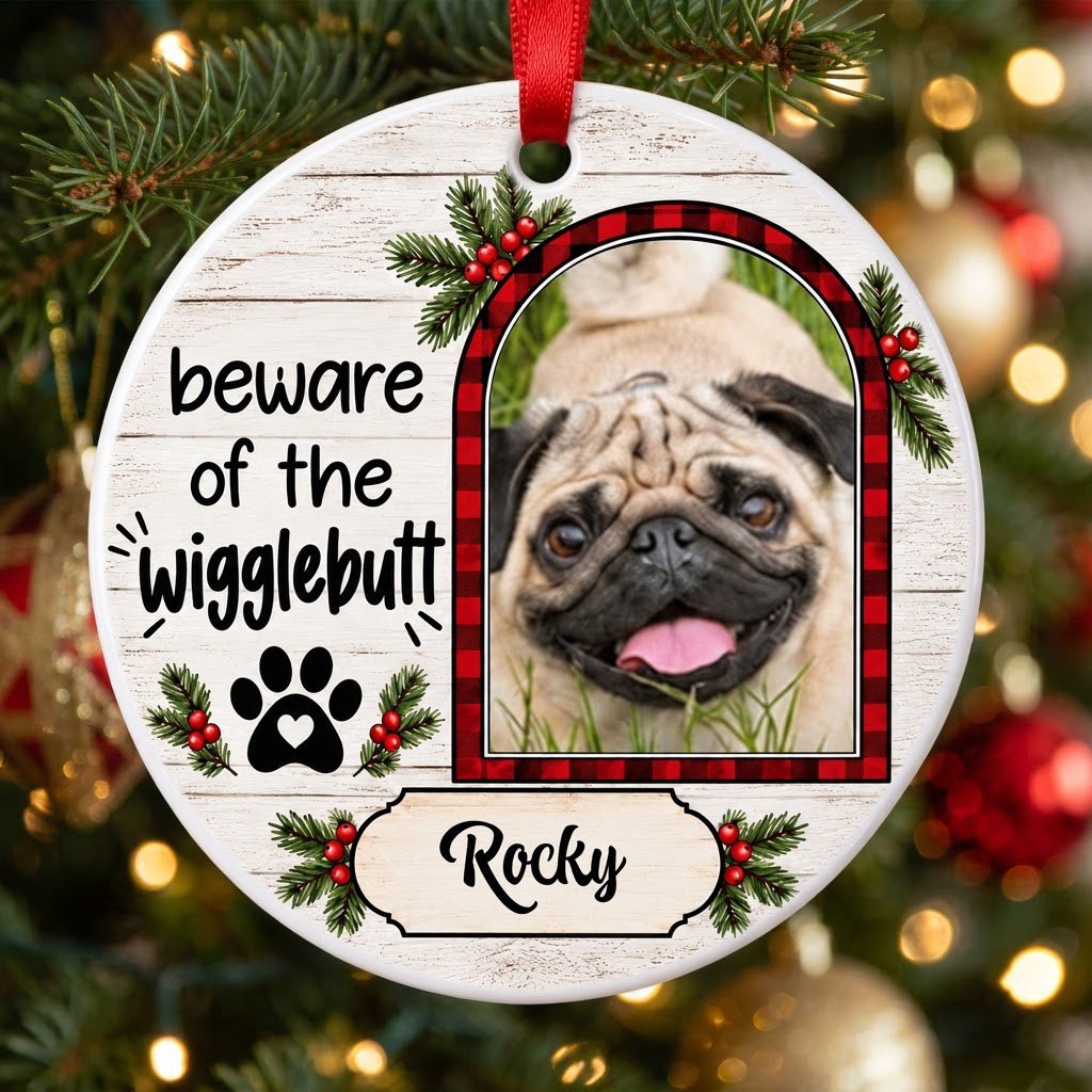 Round ceramic ornament with buffalo plaid photo frame, paw-heart, pine sprigs, and 'beware of the Wigglebutt'.