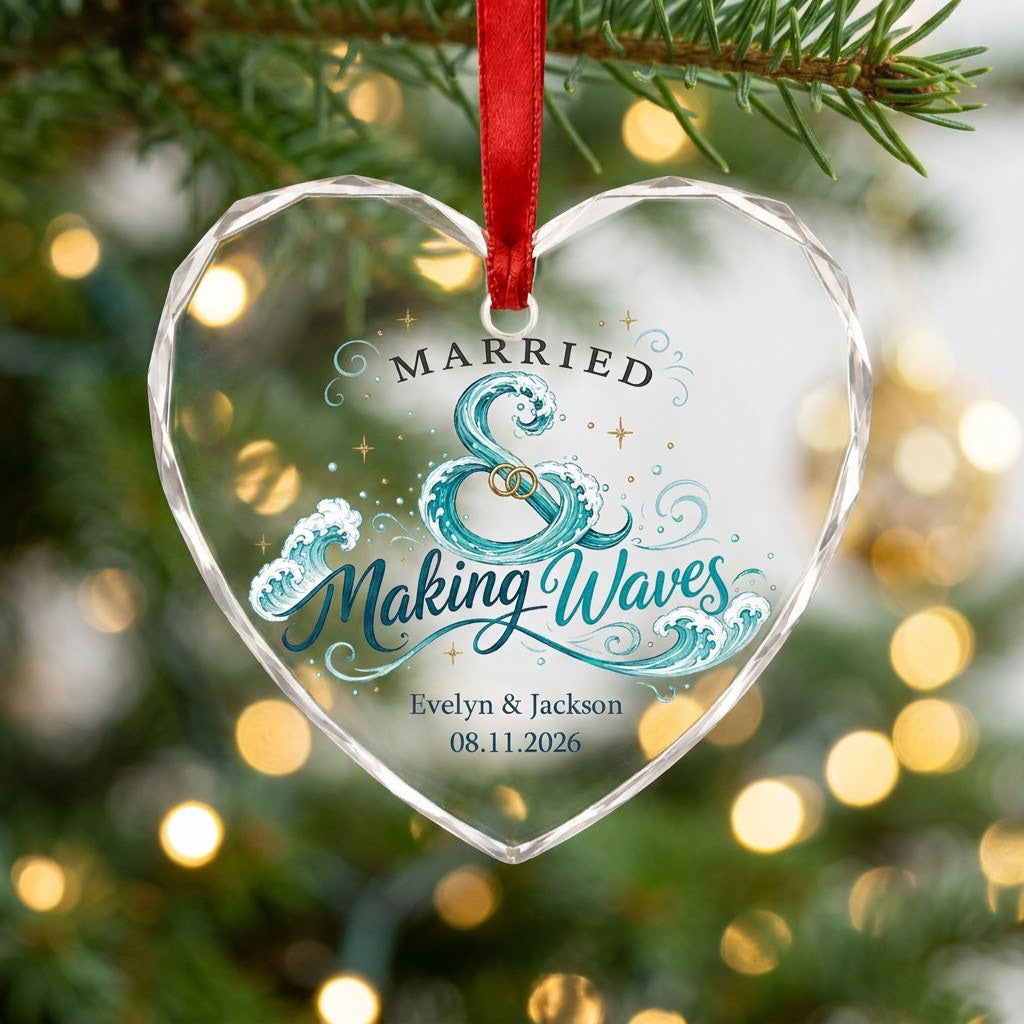 Personalized Married & Making Waves Coastal Heart Glass Ornament