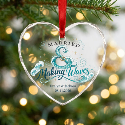 Personalized Married & Making Waves Coastal Heart Glass Ornament