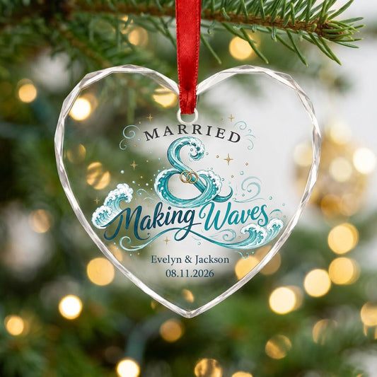 Personalized Married & Making Waves Coastal Heart Glass Ornament