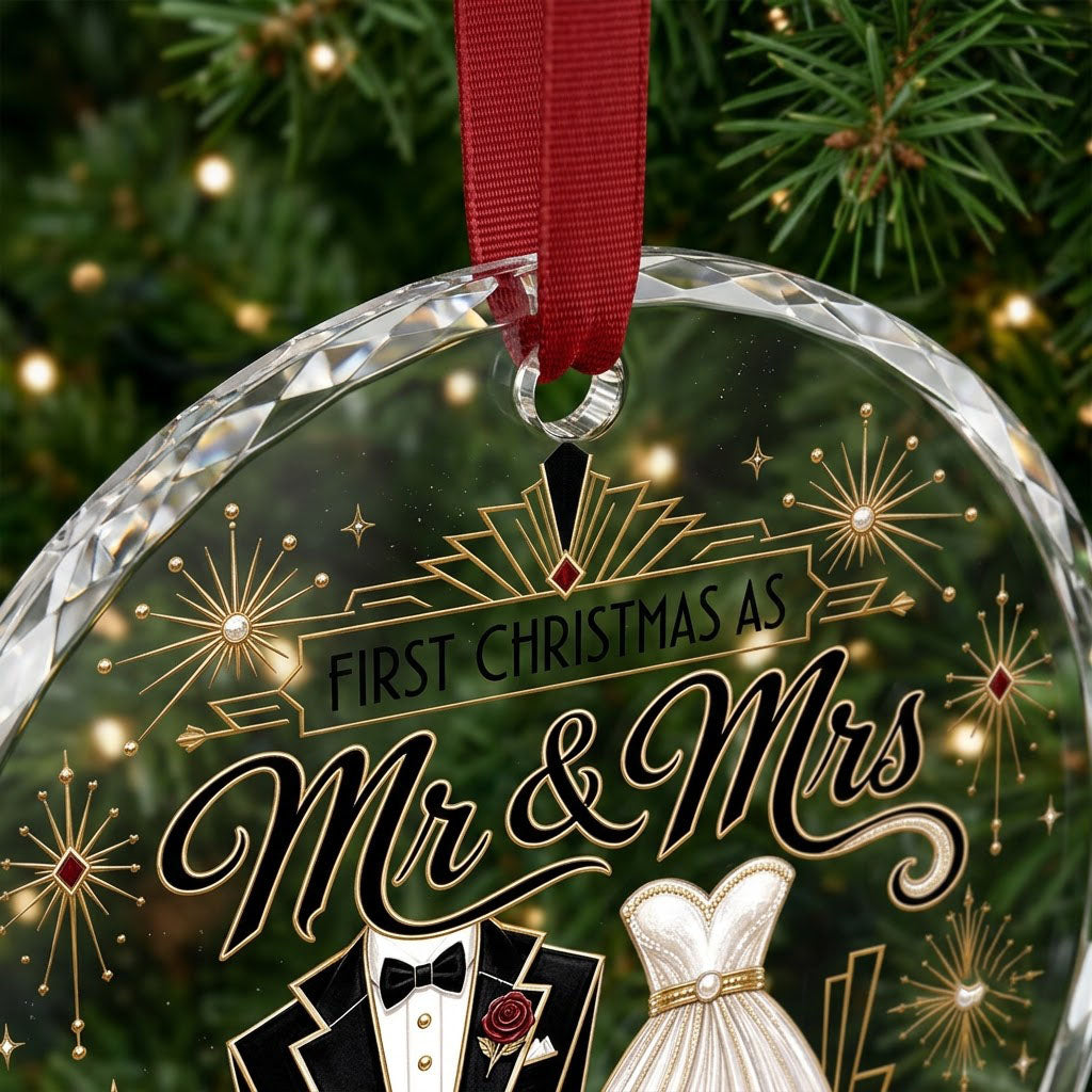 Personalized First Christmas as Mr & Mrs Art Deco Tuxedo Gown Round Glass Ornament