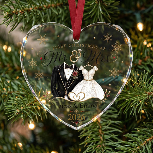 Personalized First Christmas as Mr & Mrs Tuxedo Gown Heart Glass Ornament