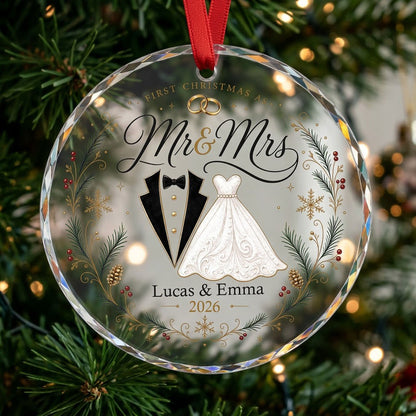 Personalized First Christmas as Mr & Mrs Tuxedo Gown Round Glass Ornament
