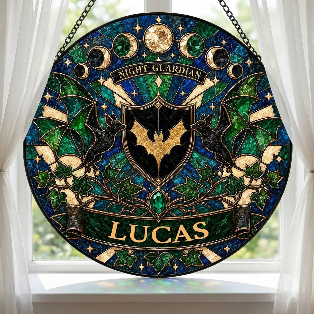 Round stained-glass suncatcher with gold bat shield, two black bats, moon phases, emerald gem, ivy and starbursts.