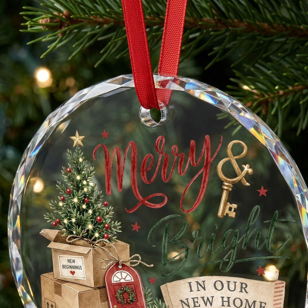 Personalized Merry & Bright In Our New Home Moving Boxes Round Glass Ornament
