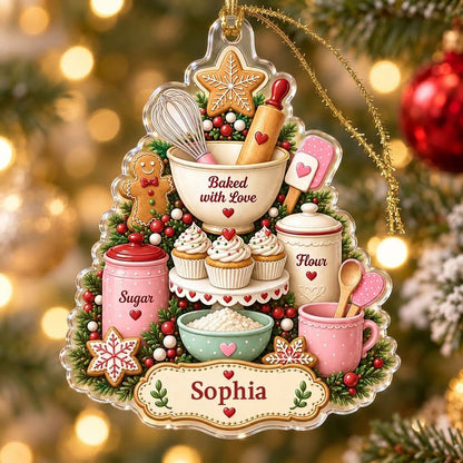 Baking-themed tree acrylic ornament with gingerbread star, cupcakes, utensils, and a name banner.