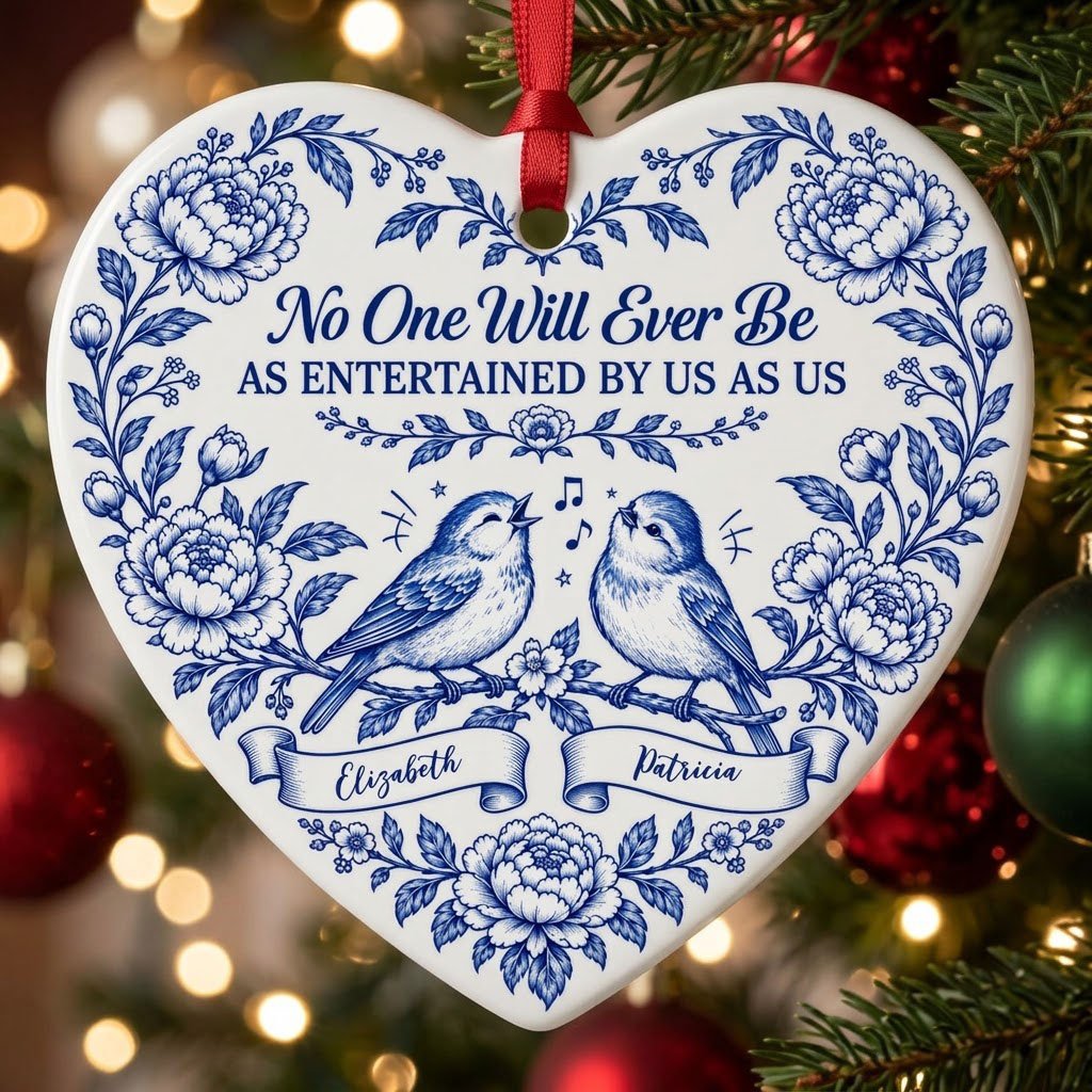 Heart ceramic ornament with Delft blue peonies, two birds on a branch, and a friendship quote in cobalt blue.