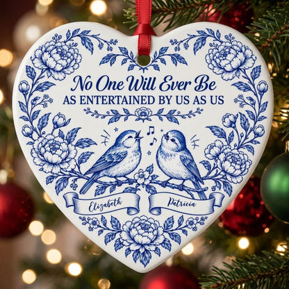 Heart ceramic ornament with Delft blue peonies, two birds on a branch, and a friendship quote in cobalt blue.