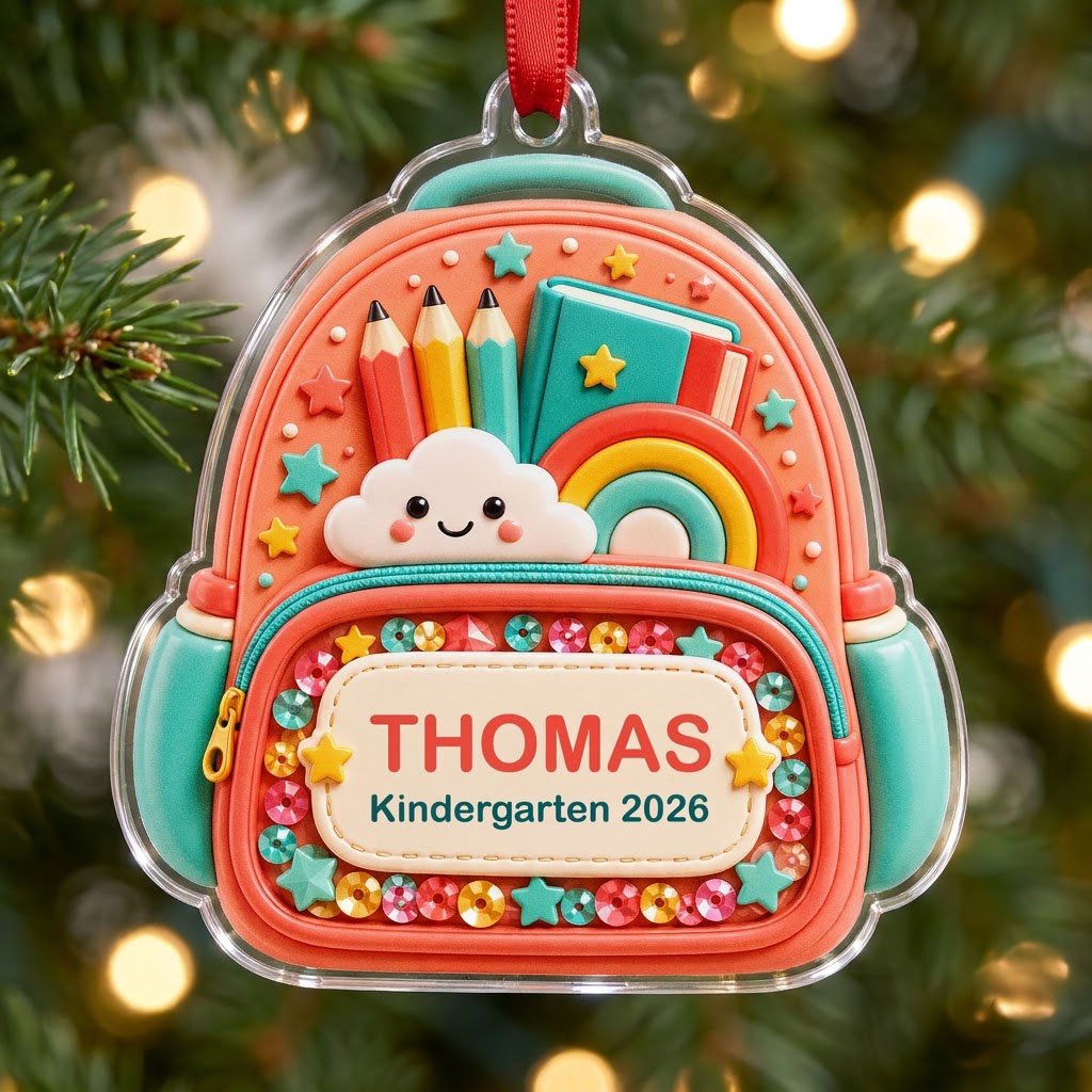 Coral backpack acrylic ornament with pencils, rainbow, smiling cloud, and 'THOMAS' Kindergarten 2026.