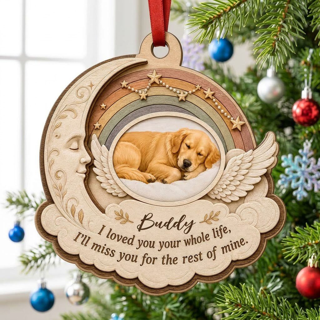 Wood ornament with crescent moon, angel wings, rainbow, and a sleeping dog photo above a cloud plaque.