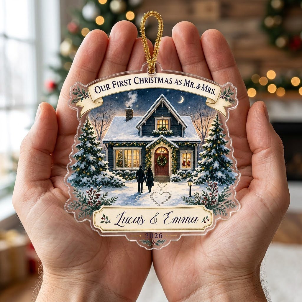 Personalized Our First Christmas as Mr & Mrs Cozy House Acrylic Ornament, Custom Newlywed First Home Keepsake