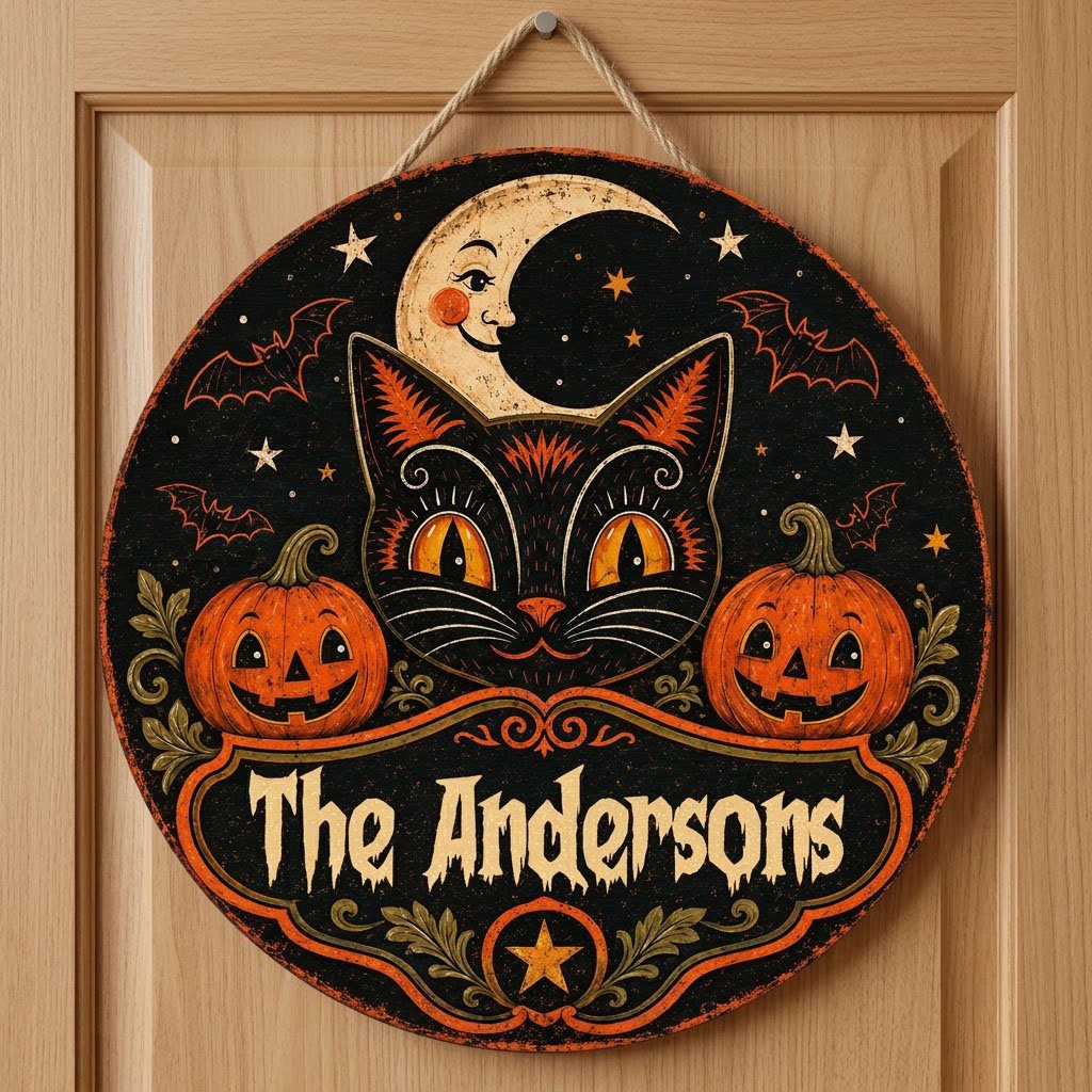 Round wooden sign with vintage black cat face, crescent moon, pumpkins, bats, stars and custom family name.