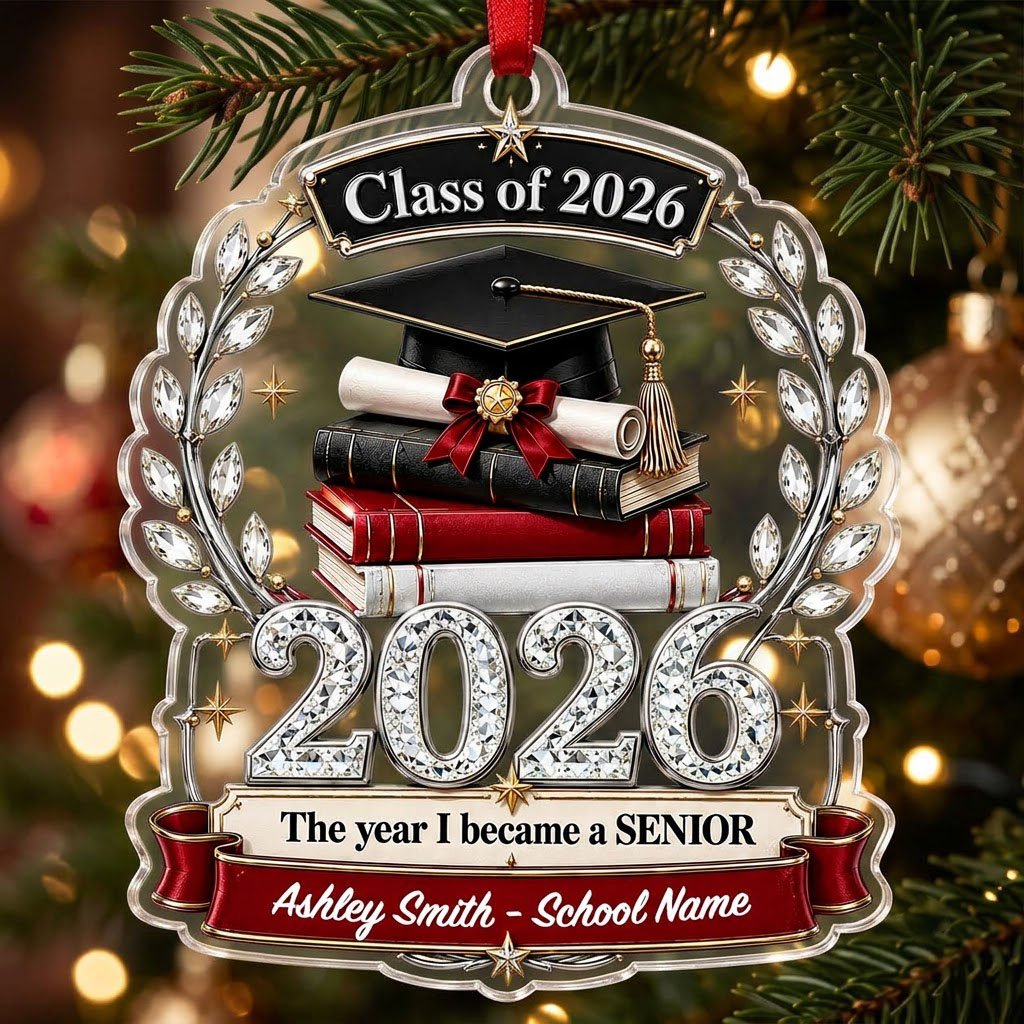 Acrylic ornament shows Class of 2026 text, cap, diploma, jeweled laurel wreath and banners personalized with name and sc