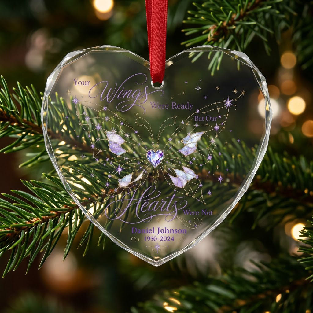 Personalized Butterfly Memorial Your Wings Were Ready Crystal Heart Glass Ornament