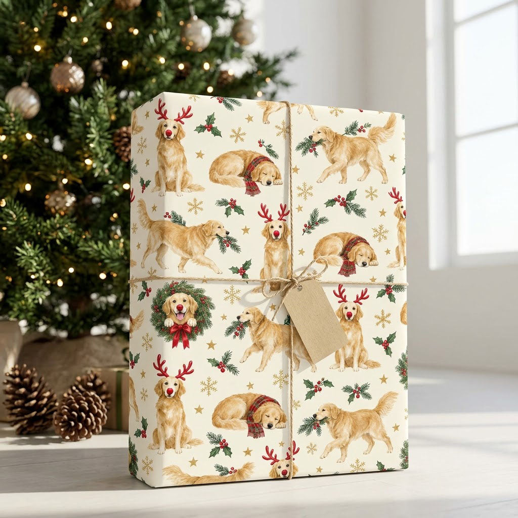 Cream wrapping paper with Golden Retriever dogs in antlers and scarves, wreaths, holly, snowflakes and stars.