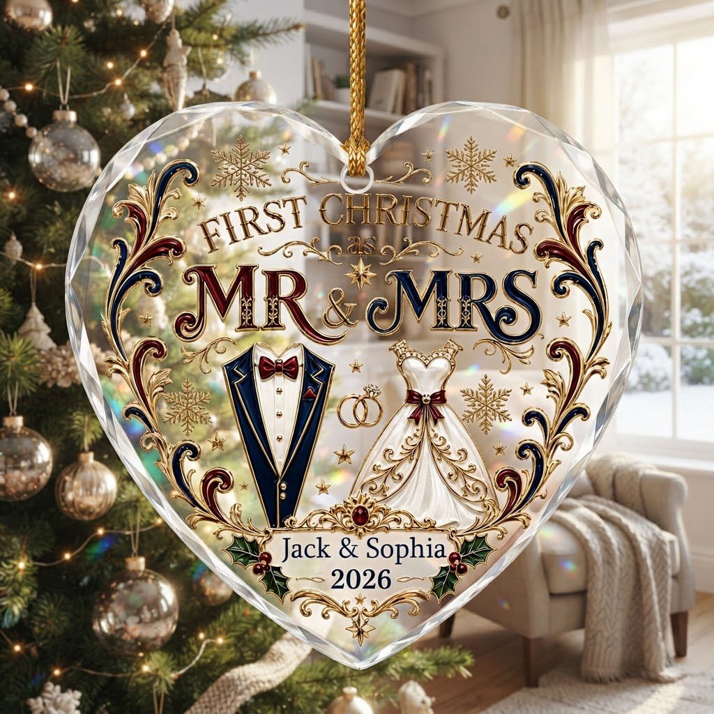 Personalized First Christmas as Mr & Mrs Tuxedo Gown Heart Glass Ornament