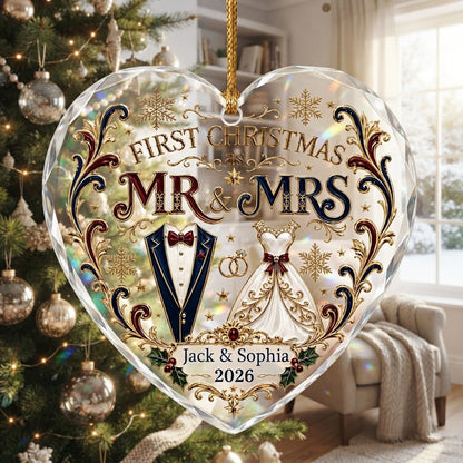 Personalized First Christmas as Mr & Mrs Tuxedo Gown Heart Glass Ornament