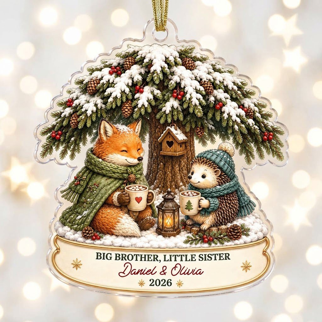 Acrylic ornament with snowy tree, fox and hedgehog holding mugs, banner says BIG BROTHER, LITTLE SISTER.