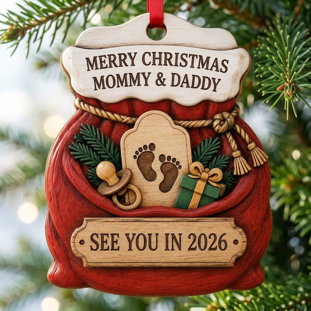 Red Santa sack wood ornament with rope tassels, baby footprints plaque, pacifier, and green gift box.