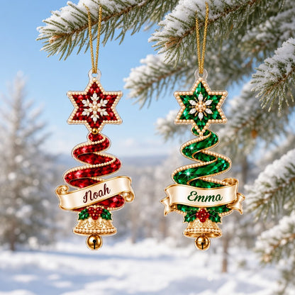Custom-cut acrylic ornament of a jeweled ribbon Christmas tree with star topper, holly sprig, name banner, and a gold be