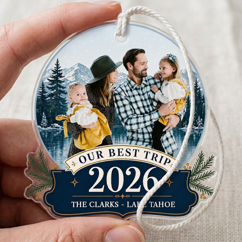 Personalized Our Best Trip Snow Globe Photo Acrylic Ornament