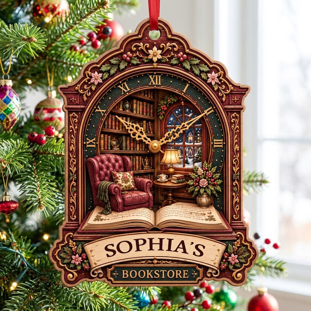 Ornate clock-shaped wood ornament with cozy bookstore scene, red armchair, bookshelves, arched window, and “BOOKSTORE” s