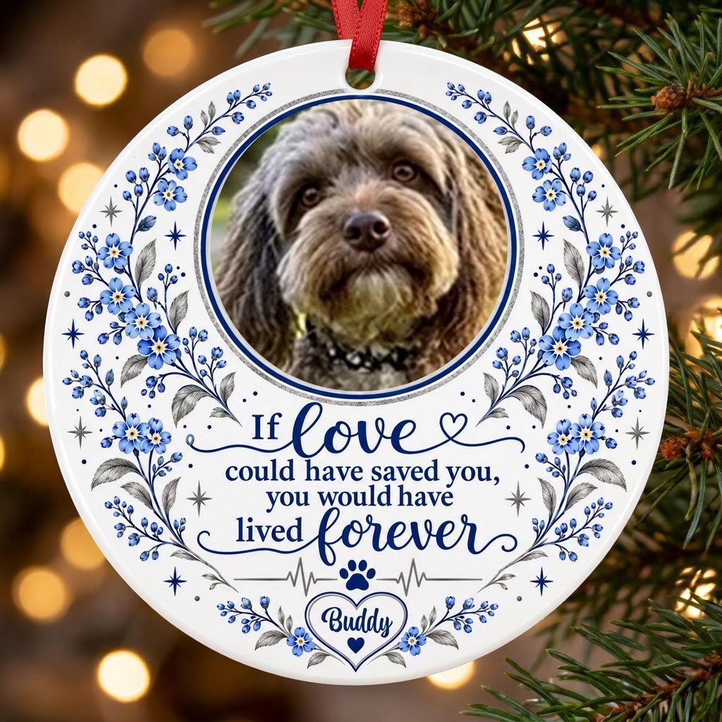 Round ceramic ornament with pet photo, blue forget-me-not florals, paw heartbeat line, and memorial quote.