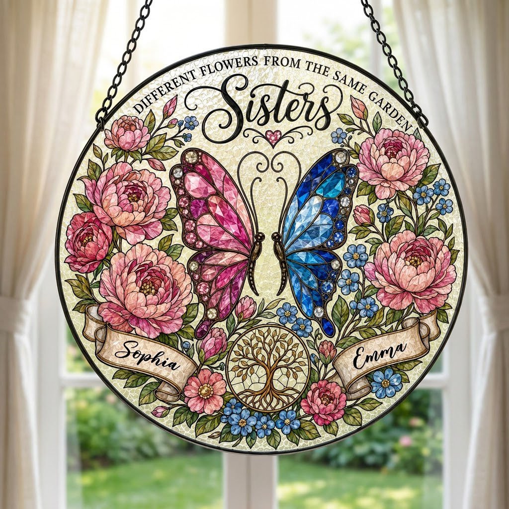 Round suncatcher with pink and blue butterfly, peony wreath, Tree of Life, and Sisters text with two name ribbons.