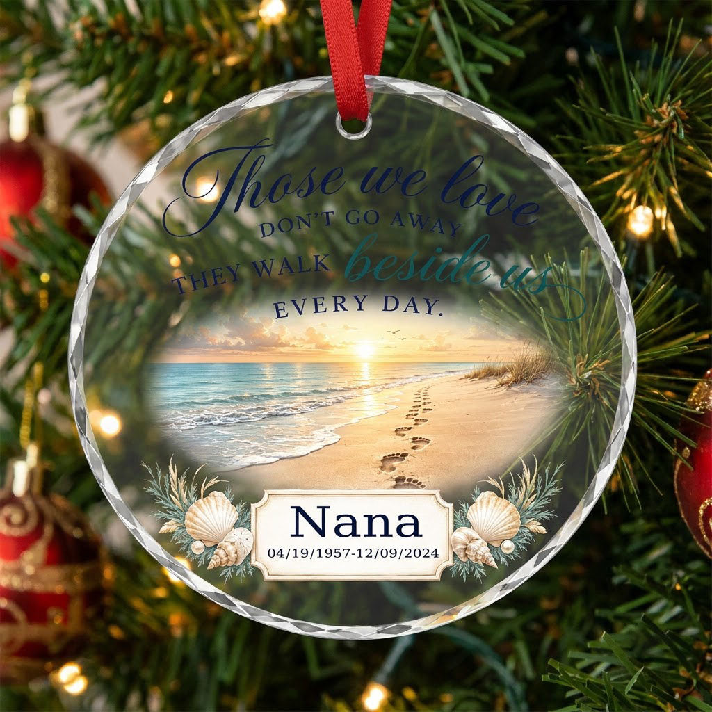 Personalized Beach Footprints Memorial Those We Love Beside Us Round Glass Ornament