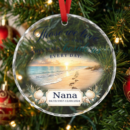 Personalized Beach Footprints Memorial Those We Love Beside Us Round Glass Ornament